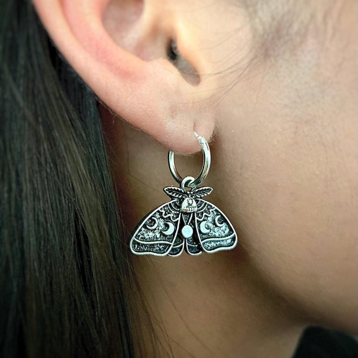 Women's Silver Sun Moon Moth Drop Earrings-Jewearrings