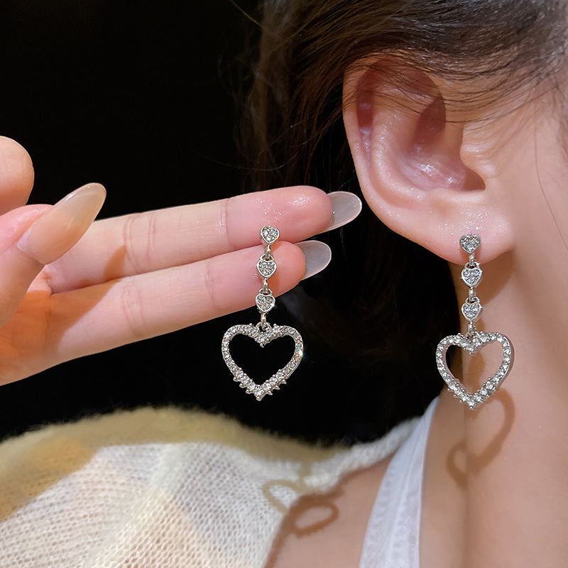 Sterling Silver Needle Sparkling Full Rhinestone Love Heart Earrings Female Ins-Jewearrings