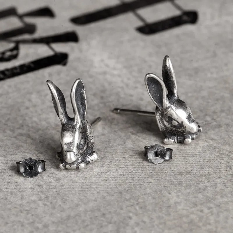 S925 Sterling Silver Retro Punk Rabbit Stud Earrings-Jewearrings