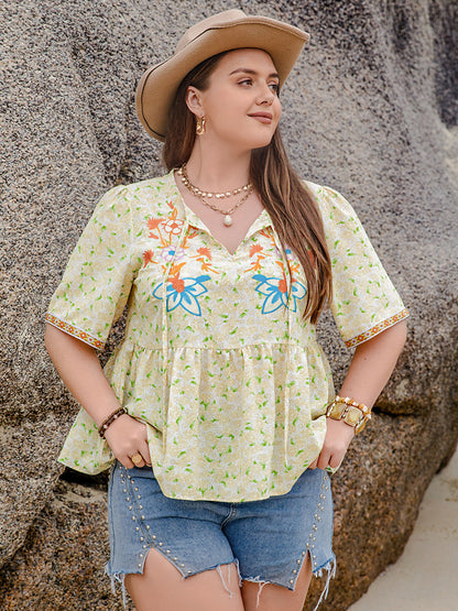 Plus Size Printed Tie Neck Half Sleeve Blouse-Jewearrings