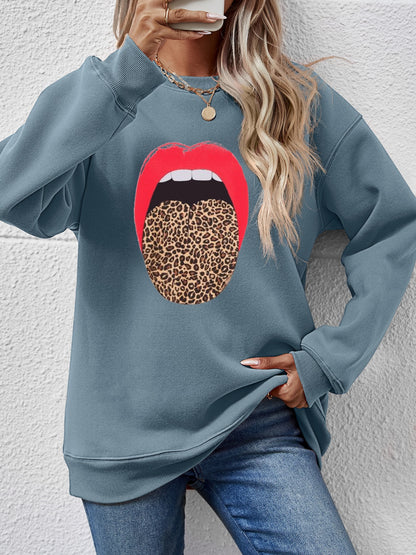 Leopard Lip Graphic Round Neck Sweatshirt-Jewearrings