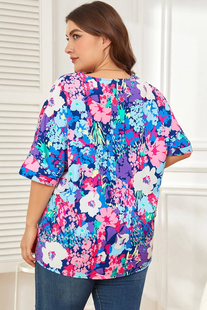 Floral Center Seam V-Neck Blouse-Jewearrings