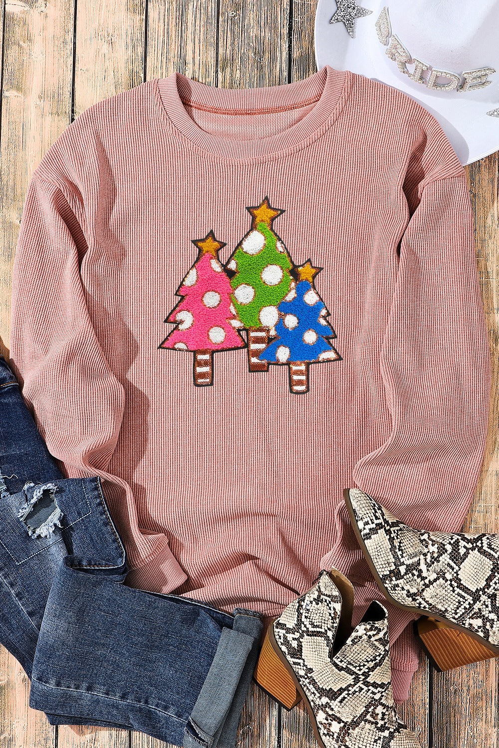 Christmas Tree Round Neck Drop Shoulder Sweatshirt-Jewearrings