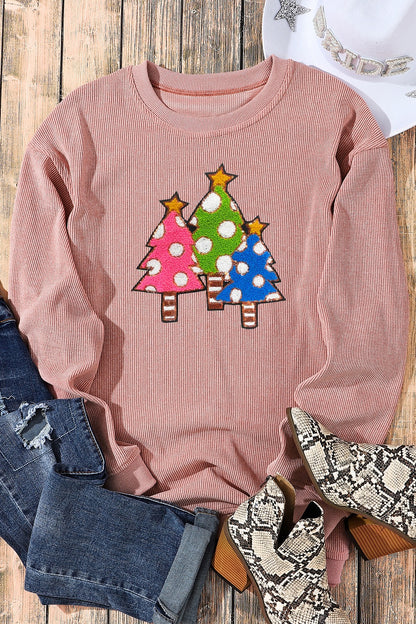 Christmas Tree Round Neck Drop Shoulder Sweatshirt-Jewearrings