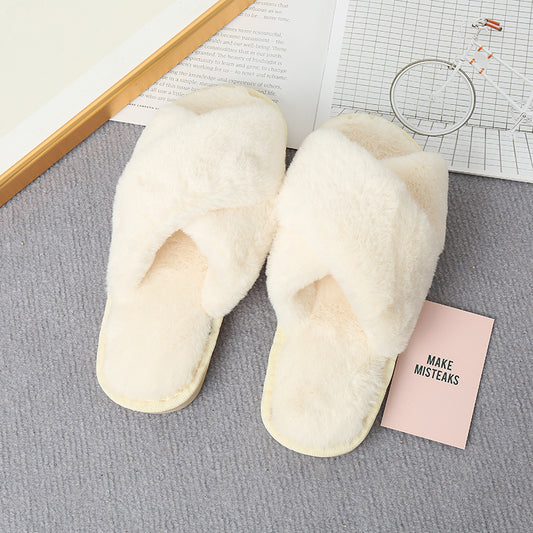 Faux Fur Crisscross Strap Slippers-Jewearrings