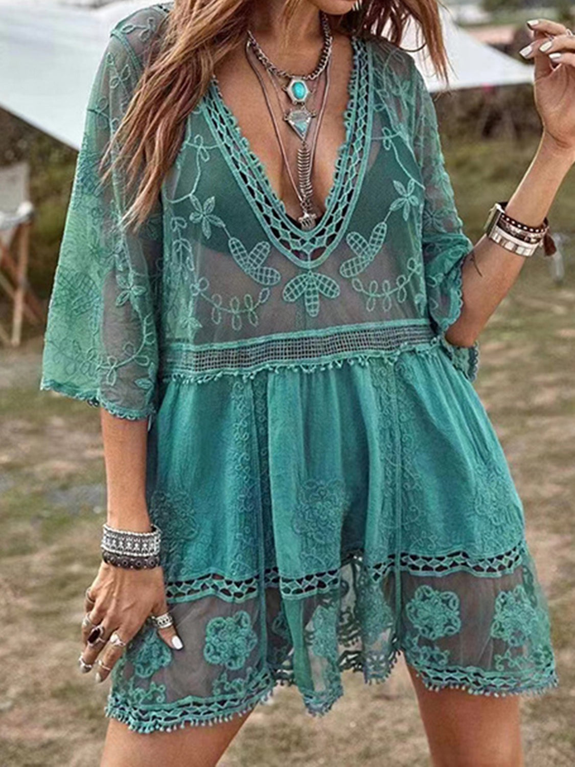 Lace Detail Plunge Cover-Up Dress-Jewearrings