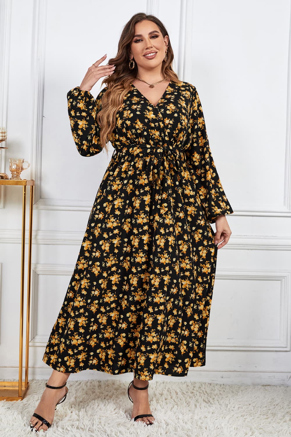 Melo Apparel Plus Size Floral Surplice Neck Long Sleeve Dress-Jewearrings