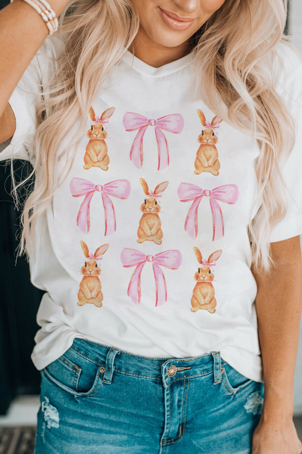 Rabbit & Bow Round Neck Short Sleeve T-Shirt-Jewearrings