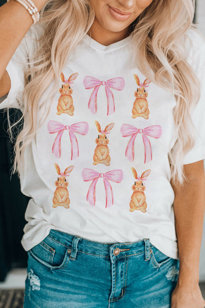 Rabbit & Bow Round Neck Short Sleeve T-Shirt-Jewearrings