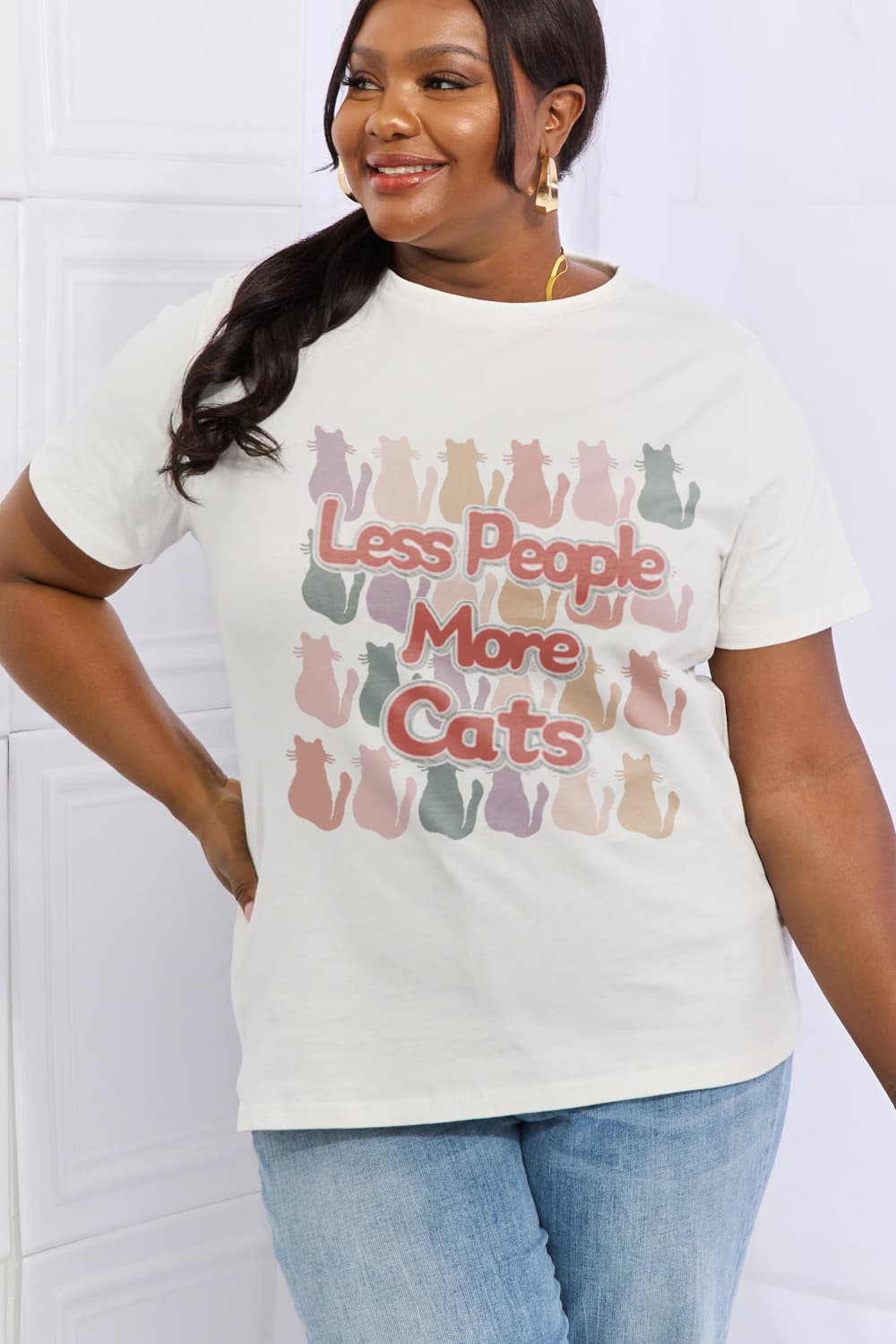 Simply Love Full Size LESS PEOPLE MORE CATS Graphic Cotton Tee-Jewearrings