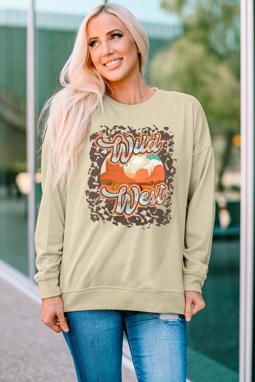 Round Neck Dropped Shoulder WILD WEST Graphic Sweatshirt-Jewearrings