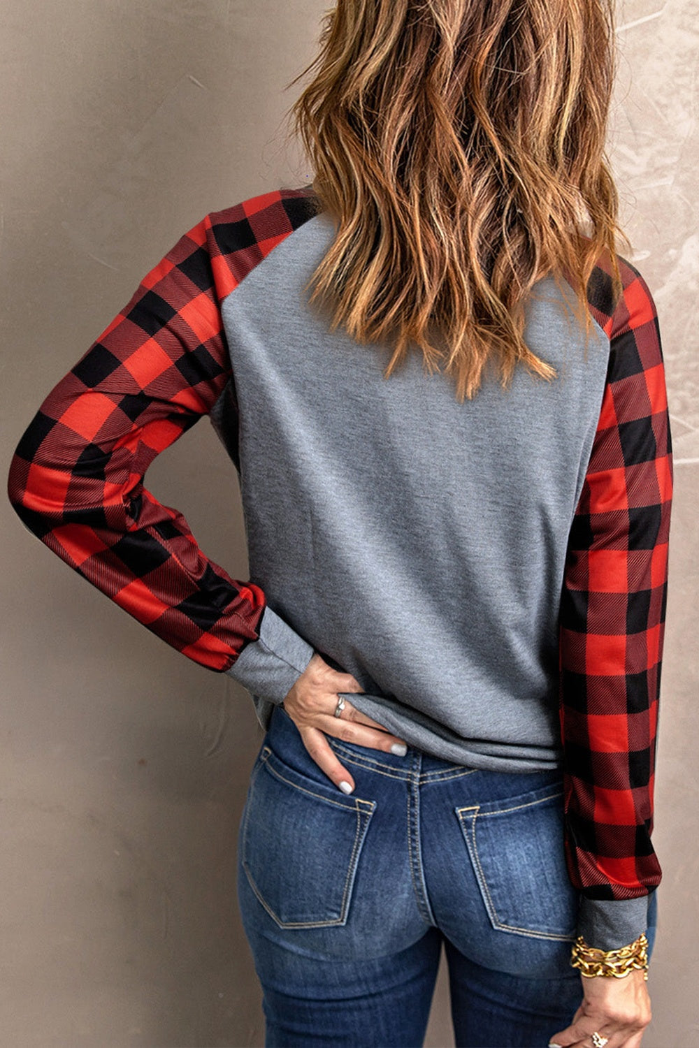 Plaid Round Neck Long Sleeve T-Shirt-Jewearrings