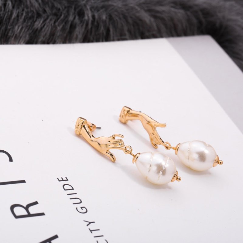 Abstract Cutout Hand Palm Pearl Dangle Earrings Gold Filled-Jewearrings