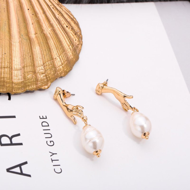 Abstract Cutout Hand Palm Pearl Dangle Earrings Gold Filled-Jewearrings