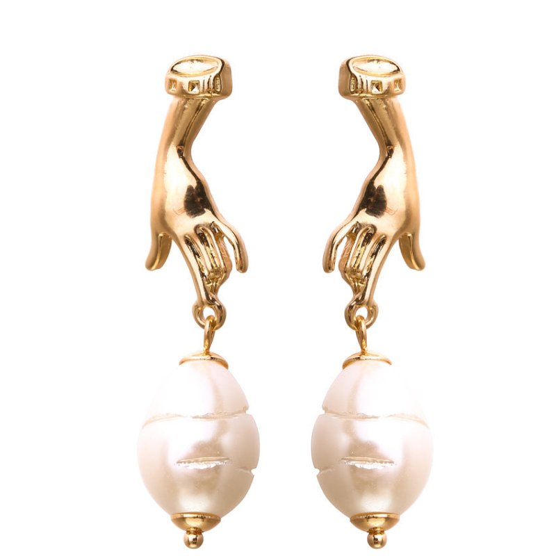 Abstract Cutout Hand Palm Pearl Dangle Earrings Gold Filled-Jewearrings