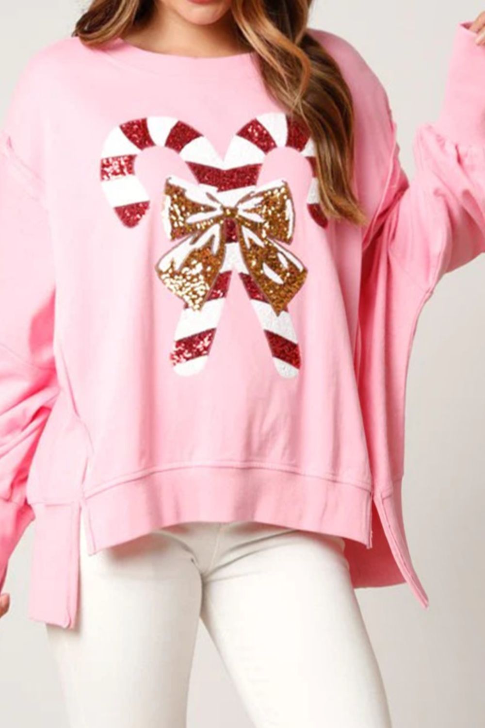 Candy Cane Slit Dropped Shoulder Sweatshirt-Jewearrings