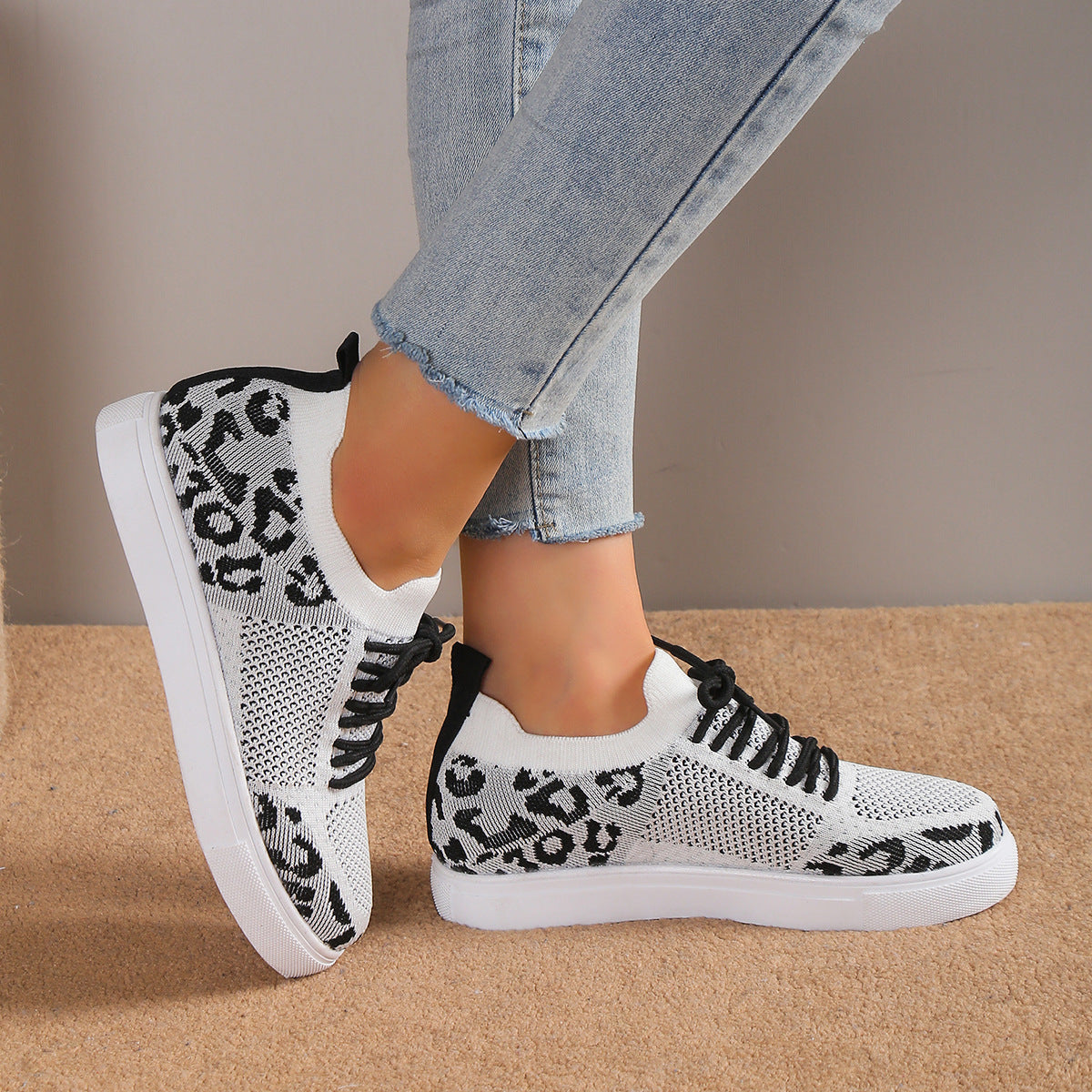 Lace-Up Leopard Flat Sneakers-Jewearrings