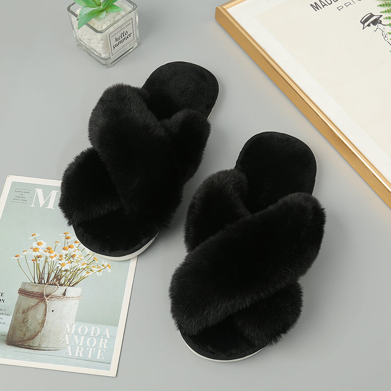 Faux Fur Crisscross Strap Slippers-Jewearrings