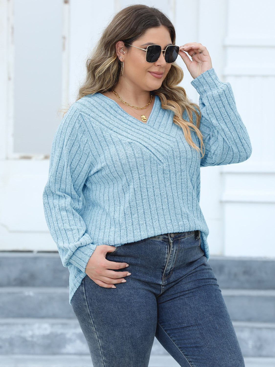 Plus Size Ribbed V-Neck Long Sleeve Top-Jewearrings