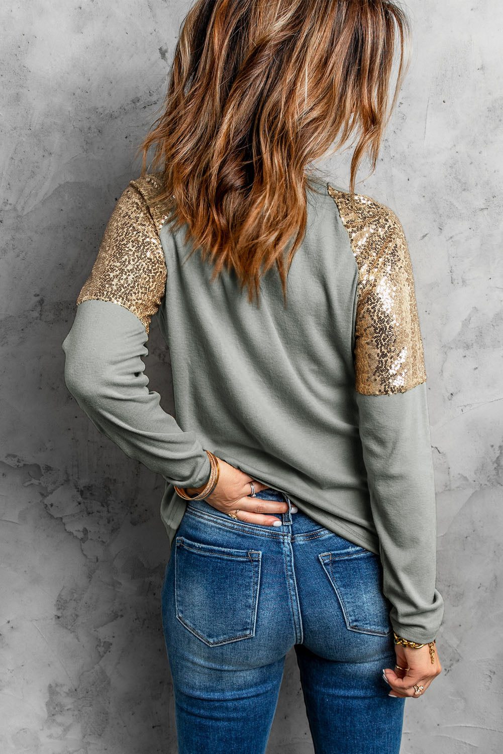 Leopard Sequin Round Neck Long Sleeve Top-Jewearrings