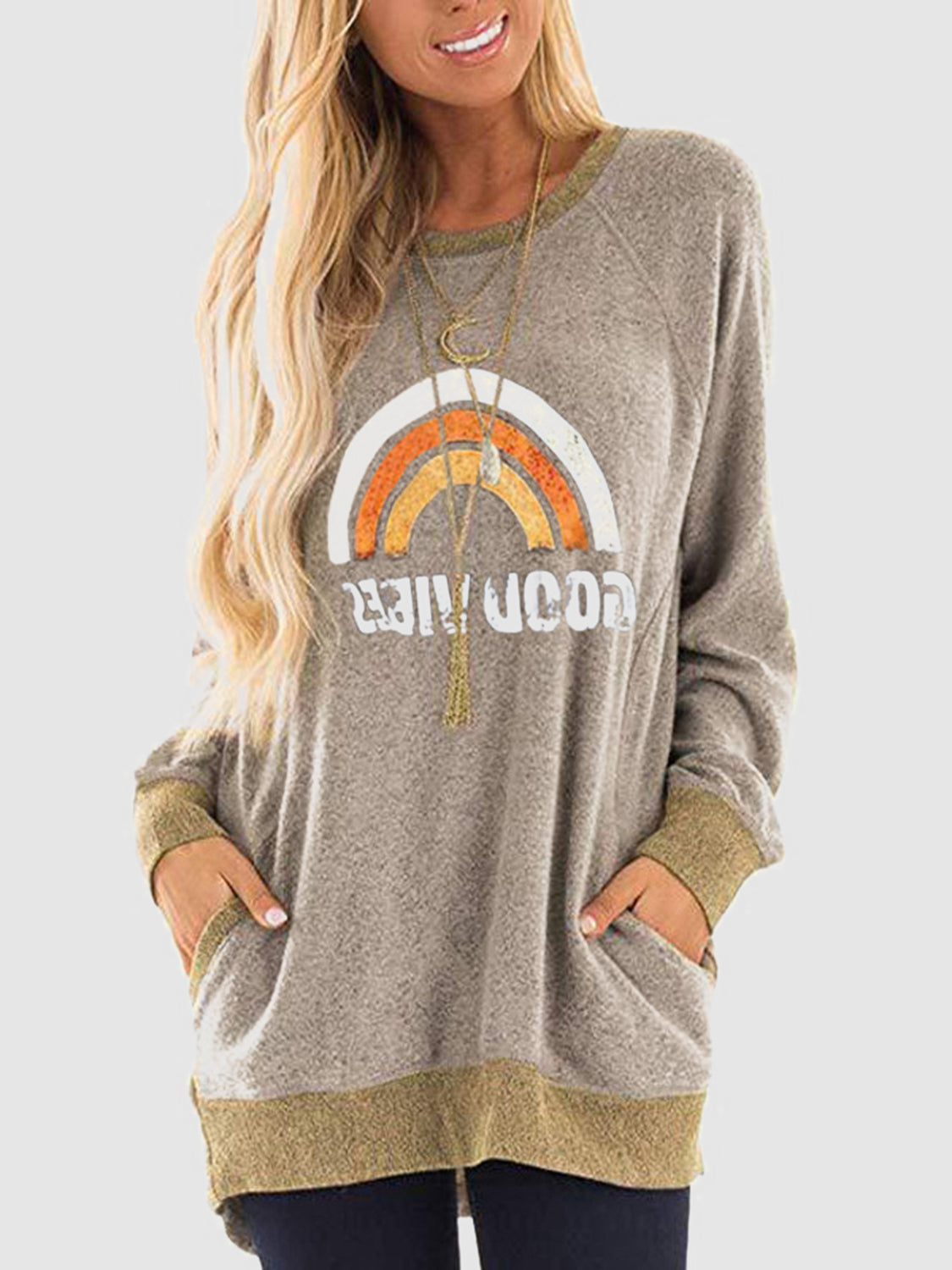 Rainbow Graphic Round Neck Sweatshirt with Pockets-Jewearrings