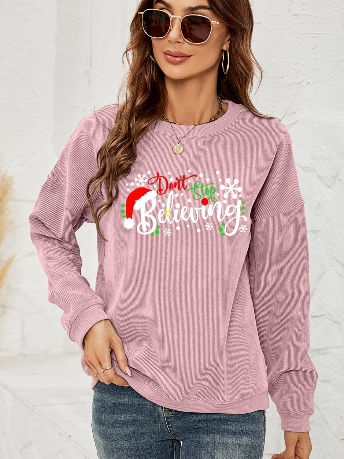 DON'T STOP BELIEVING Graphic Sweatshirt-Jewearrings