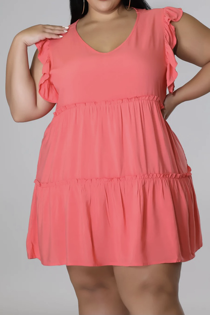 Plus Size V-Neck Frill Trim Mini Dress-Jewearrings