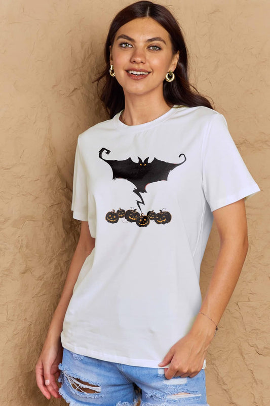 Simply Love Full Size Bat & Pumpkin Graphic Cotton T-Shirt-Jewearrings