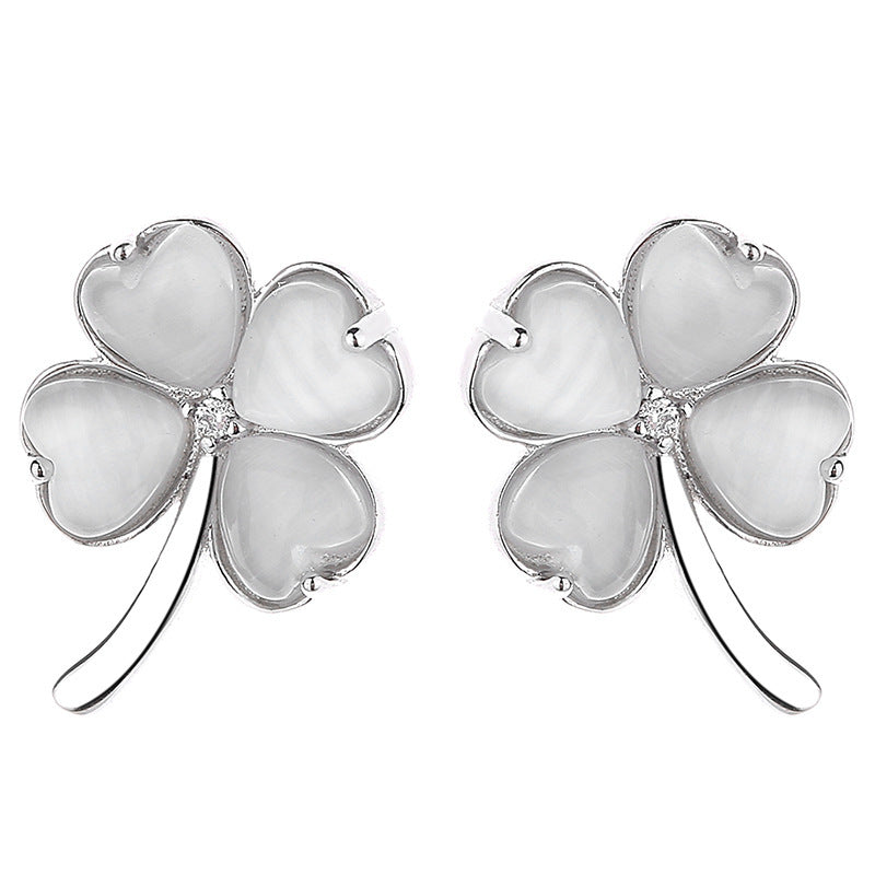 Simple 925 Sterling Silver Lucky Four-leaf Clover Stud Earrings-Jewearrings