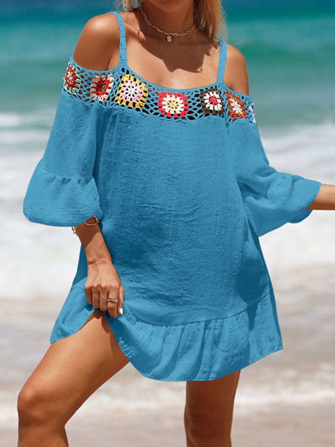 Crochet Cold Shoulder Three-Quarter Sleeve Cover Up-Jewearrings