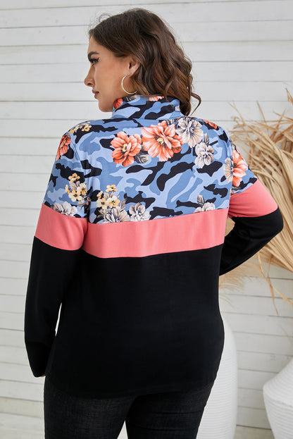 Plus Size Floral Color Block Quarter Zip Top-Jewearrings