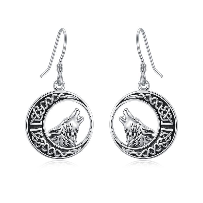 Wolf Celtic Moon Dangle Drop Earrings in Sterling Silver-Jewearrings