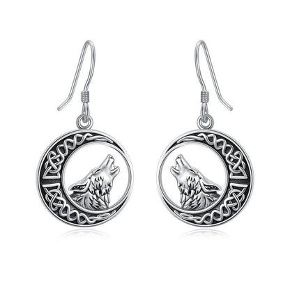 Wolf Celtic Moon Dangle Drop Earrings in Sterling Silver-Jewearrings