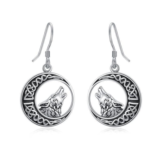 Wolf Celtic Moon Dangle Drop Earrings in Sterling Silver-Jewearrings