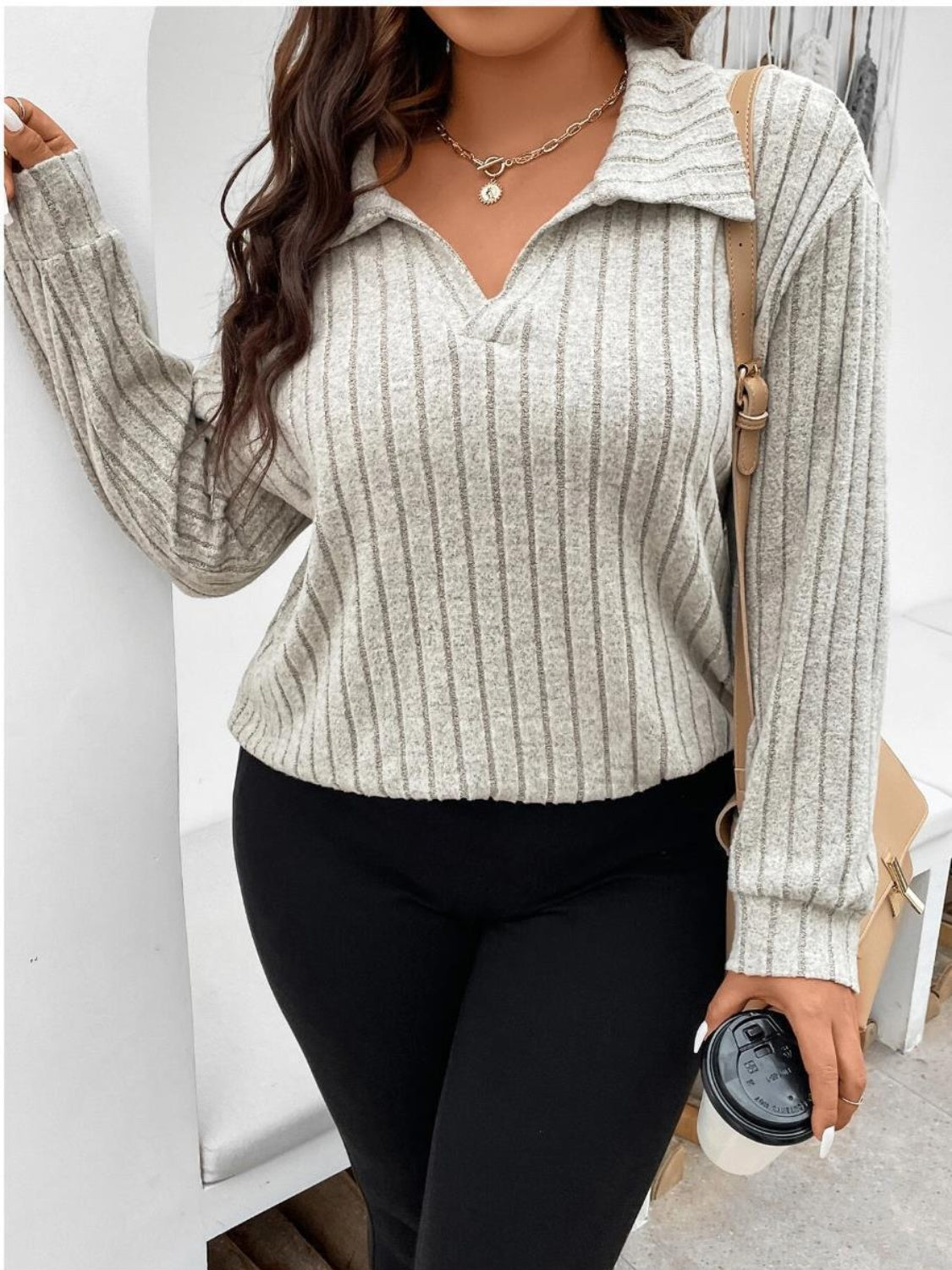 Plus Size Ribbed Johnny Collar Long Sleeve T-Shirt-Jewearrings