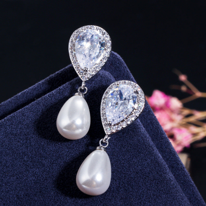 Two-piece Zircon Drop Pearl Pendant Earrings-Jewearrings