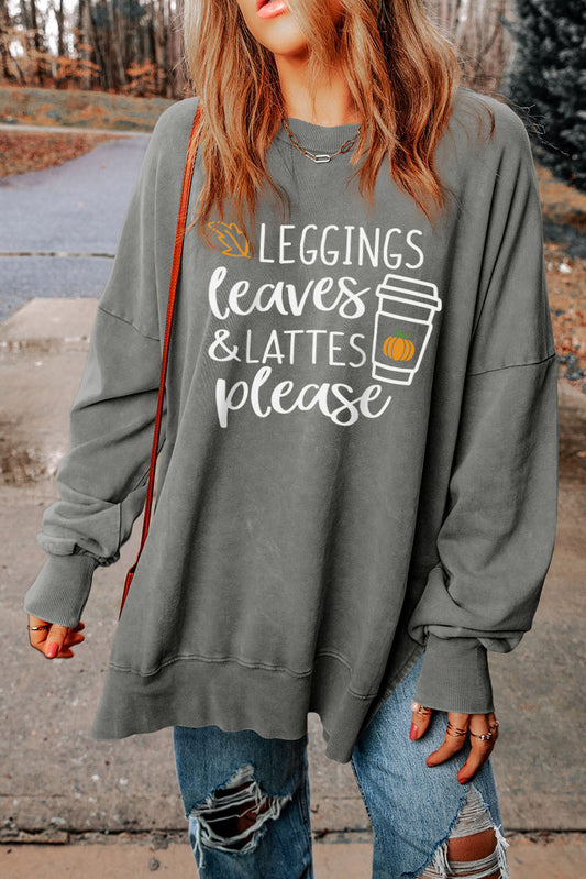 Round Neck Dropped Shoulder LEGGINGS LEAVES LATTES PLEASE Graphic Sweatshirt-Jewearrings