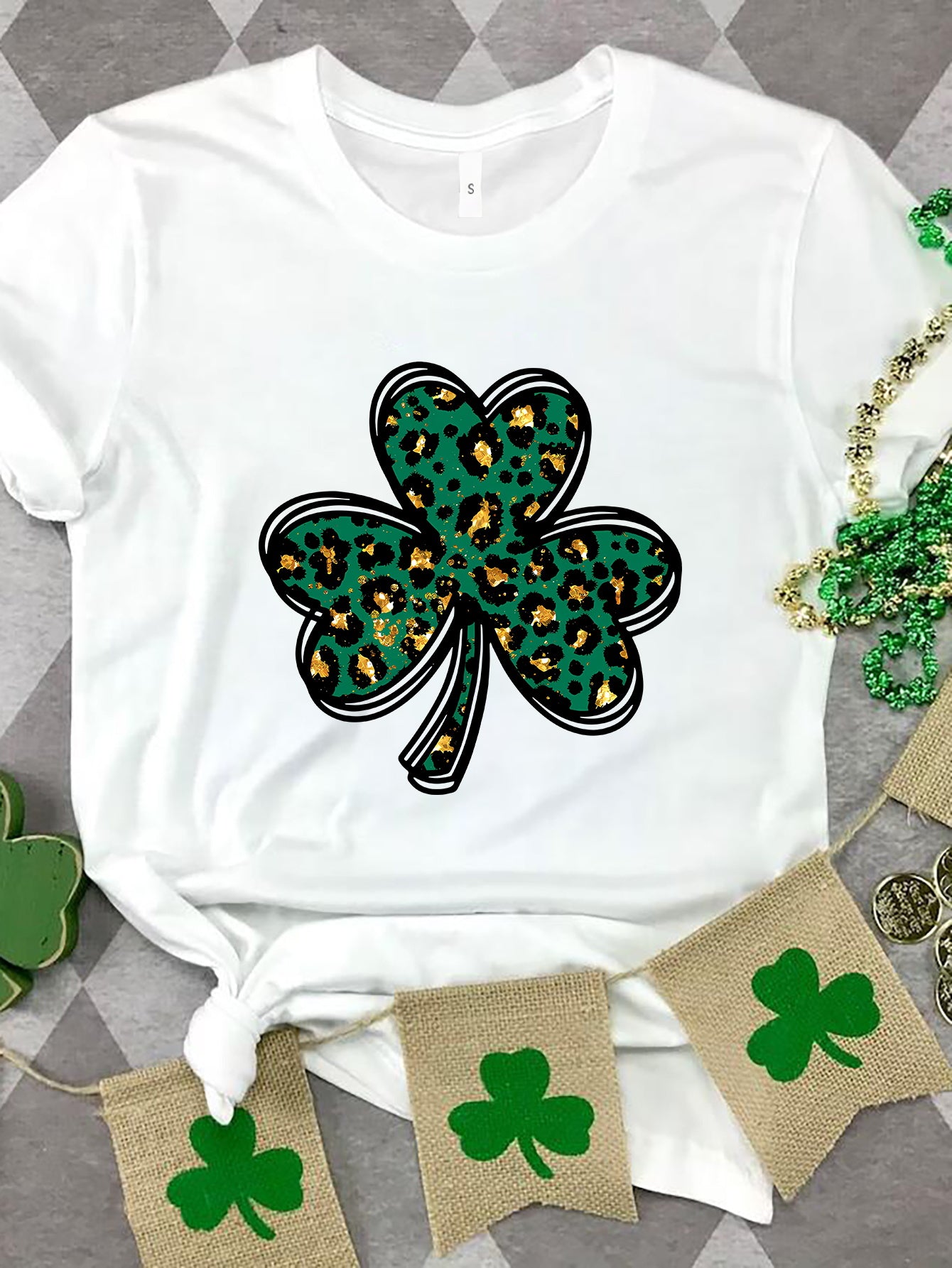 Lucky Clover Round Neck Short Sleeve T-Shirt-Jewearrings