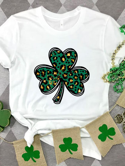 Lucky Clover Round Neck Short Sleeve T-Shirt-Jewearrings