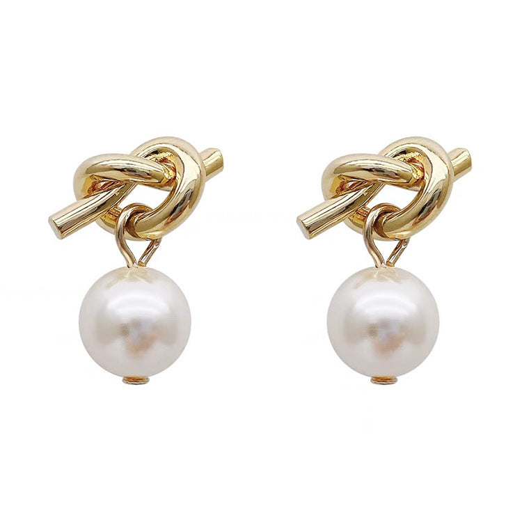 Knotted Metal Pearl Earrings Female-Jewearrings