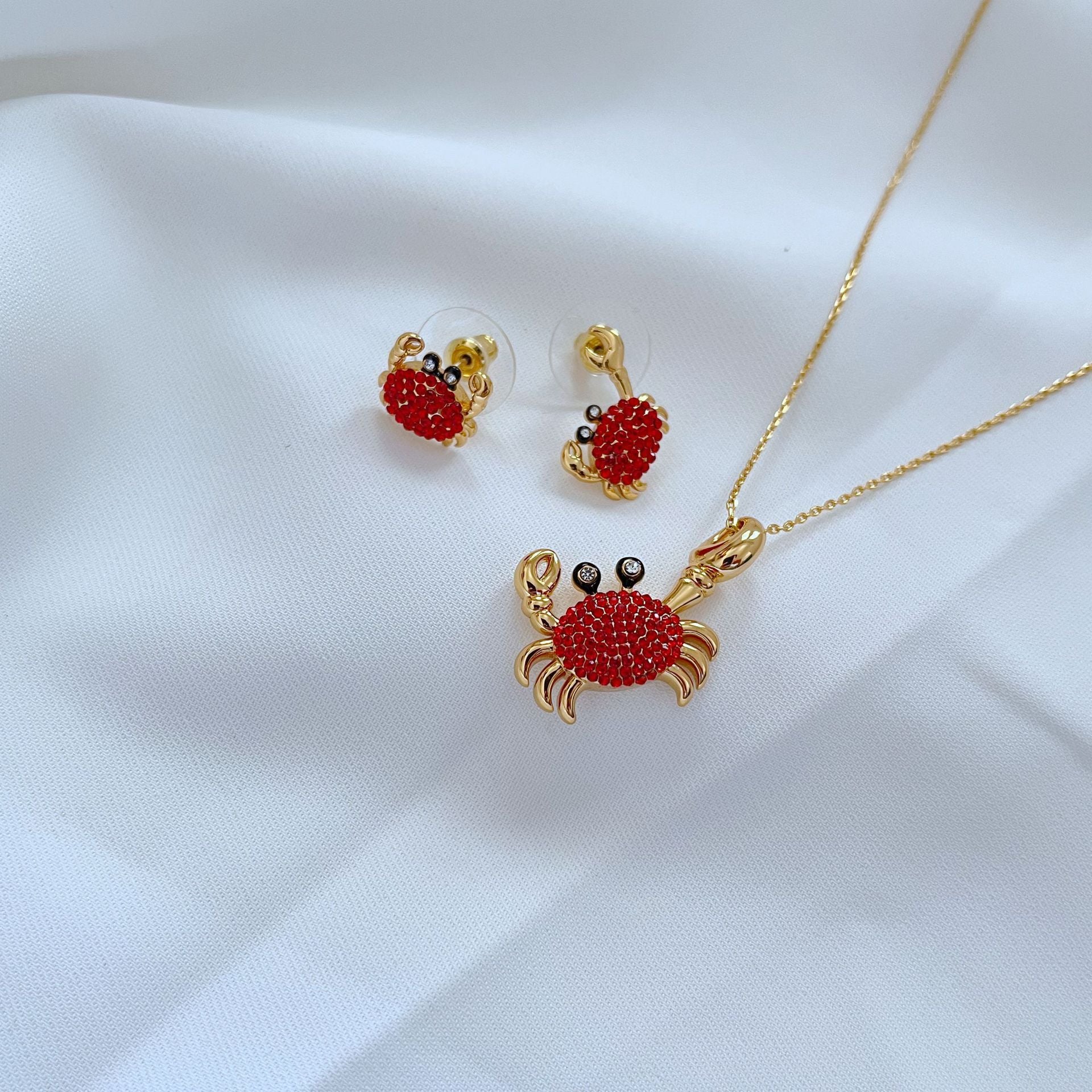 Marine Life Cute Little Crab Shape Asymmetric Stud Earrings Necklace-Jewearrings