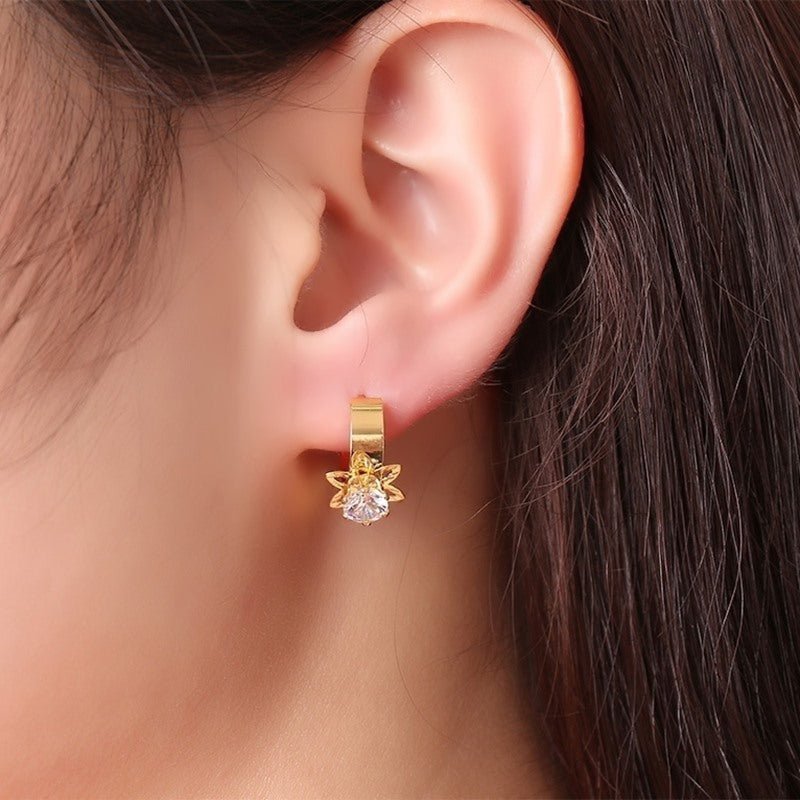 Accessories Stainless Steel Single Diamond Gold Earrings Korean Style Ladies Petal Earrings-Jewearrings