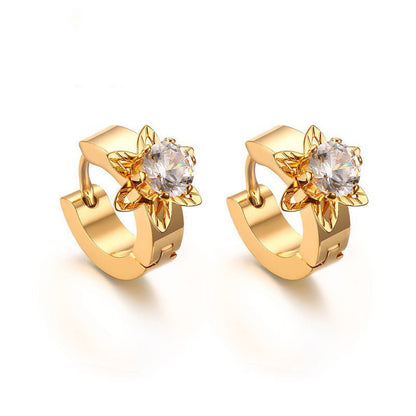 Accessories Stainless Steel Single Diamond Gold Earrings Korean Style Ladies Petal Earrings-Jewearrings