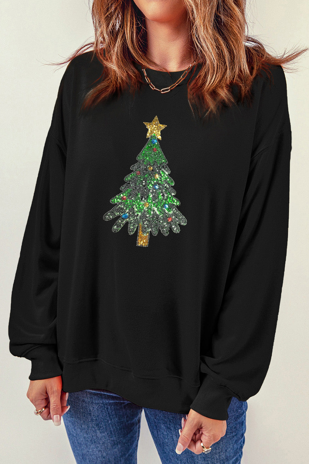 Sequin Christmas Tree Long Sleeve Sweatshirt-Jewearrings