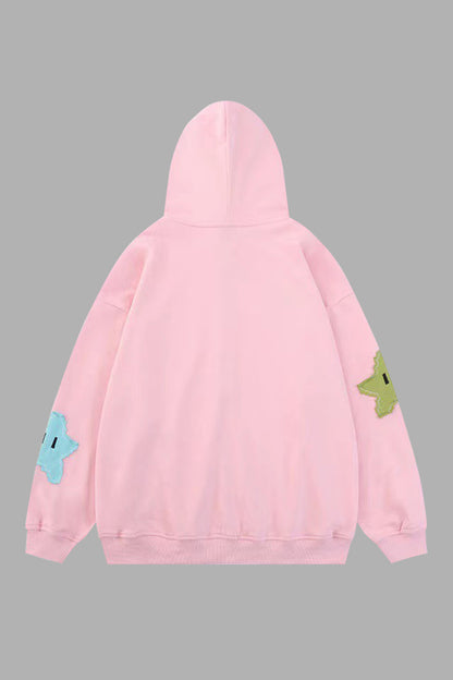 Star Drawstring Zip Up Dropped Shoulder Hoodie-Jewearrings