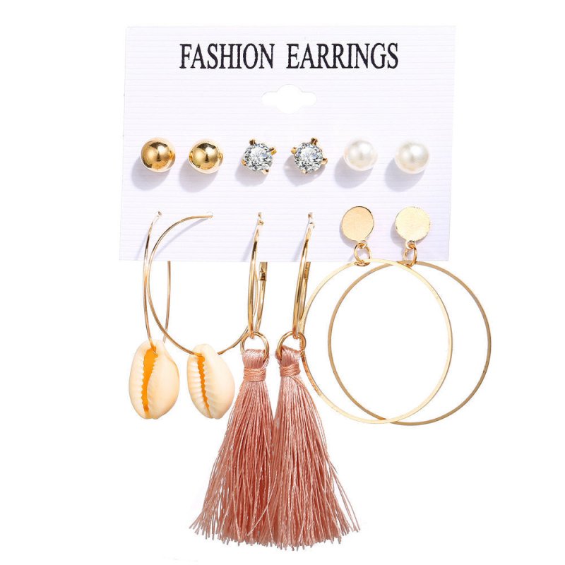 Acrylic Artificial Pearl Circle Tassel Earring Set 6 Pieces Cross Border Earrings-Jewearrings