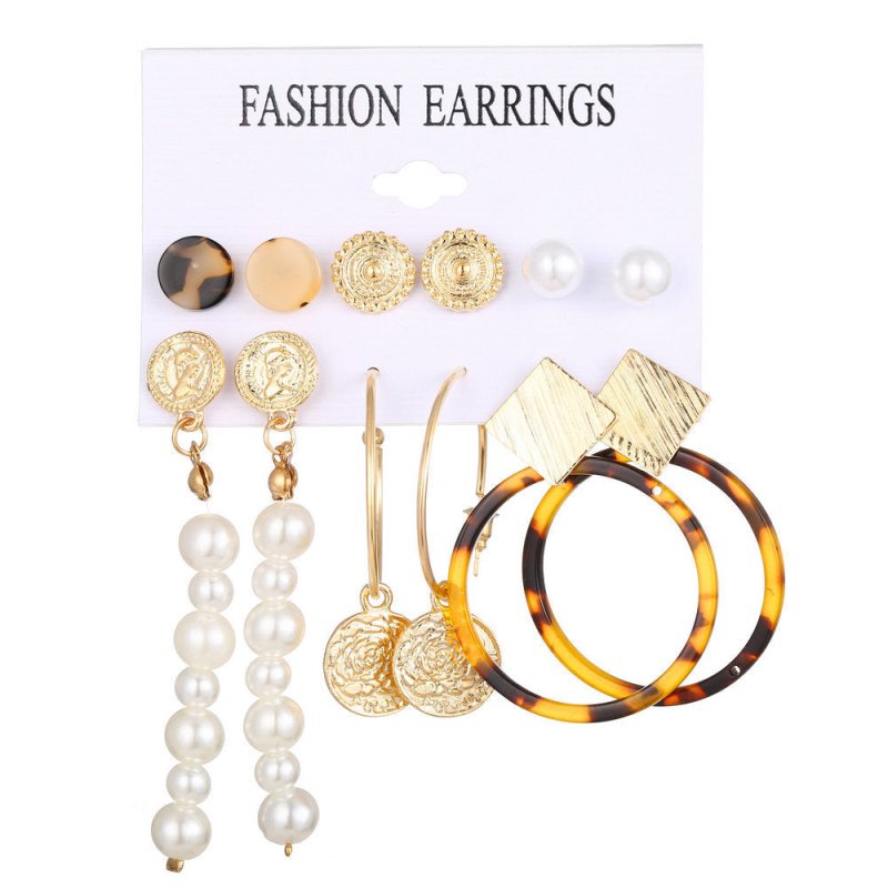 Acrylic Artificial Pearl Circle Tassel Earring Set 6 Pieces Cross Border Earrings-Jewearrings