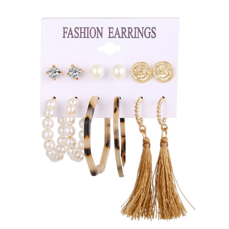 Acrylic Artificial Pearl Circle Tassel Earring Set 6 Pieces Cross Border Earrings-Jewearrings