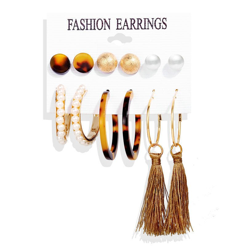 Acrylic Artificial Pearl Circle Tassel Earring Set 6 Pieces Cross Border Earrings-Jewearrings