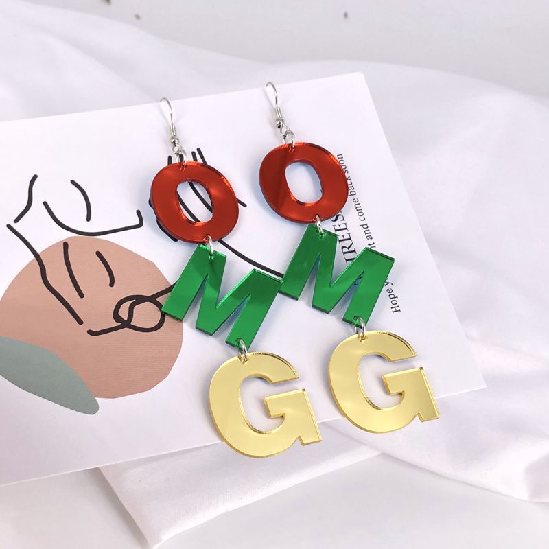 Acrylic Mirror Colored Letters Long Earrings-Jewearrings